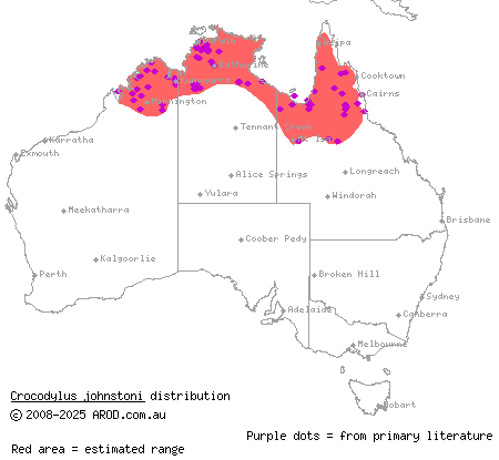 freshwater crocodile (Crocodylus johnstoni) distribution range map