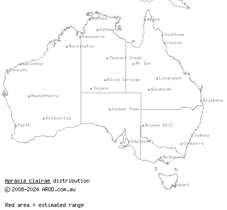Batavia Coast worm lizard (Aprasia clairae) distribution range map