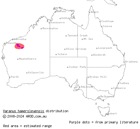 southern Pilbara rock goanna (Varanus hamersleyensis) distribution range map