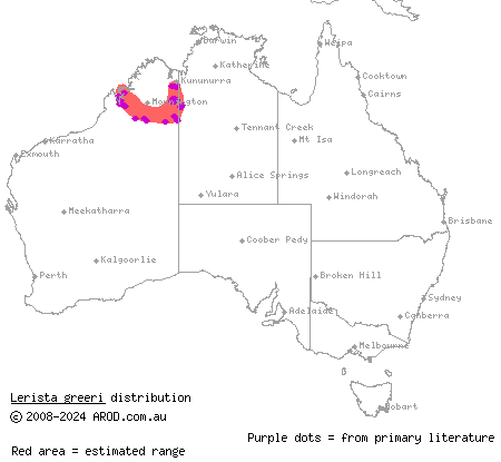 South-eastern Kimberley sandslider (Lerista greeri) distribution range map