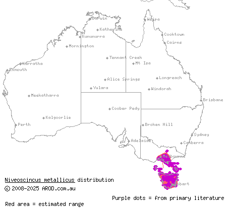 metallic cool-skink (Niveoscincus metallicus) distribution range map