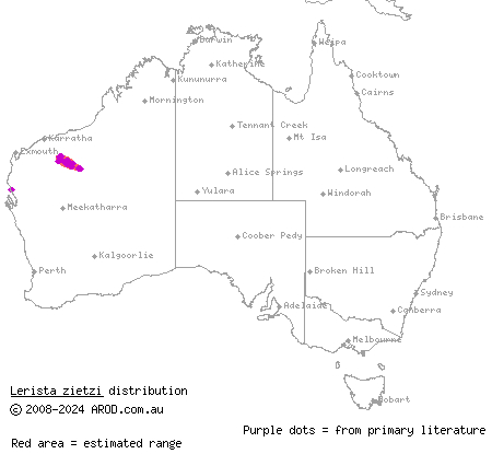 Pilbara blue-tailed slider (Lerista zietzi) distribution range map