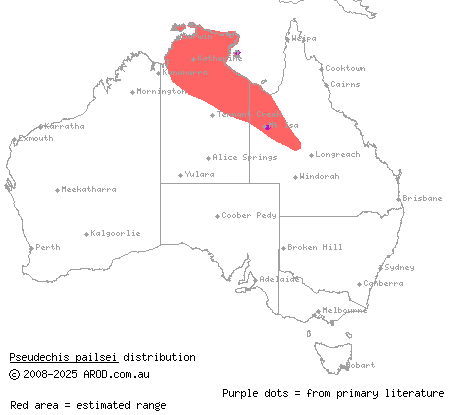 Eastern pygmy mulga snake (Pseudechis pailsei) distribution range map