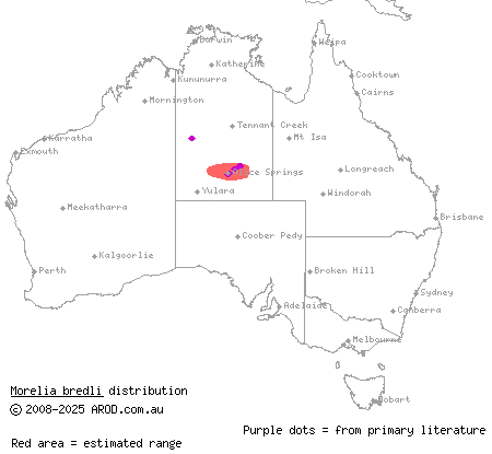 centralian carpet python (Morelia bredli) distribution range map