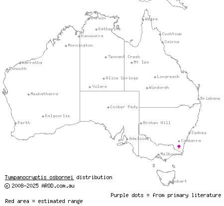 Monaro grassland earless dragon (Tympanocryptis osbornei) distribution range map