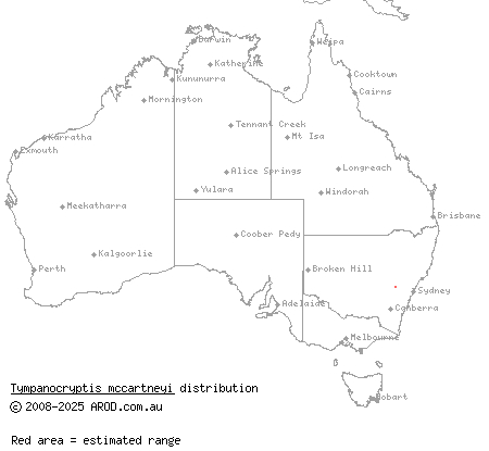 Bathurst grassland earless dragon (Tympanocryptis mccartneyi) distribution range map