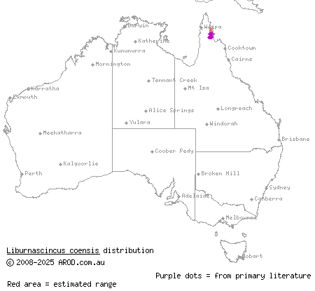 Coen rock-skink (Liburnascincus coensis) distribution range map