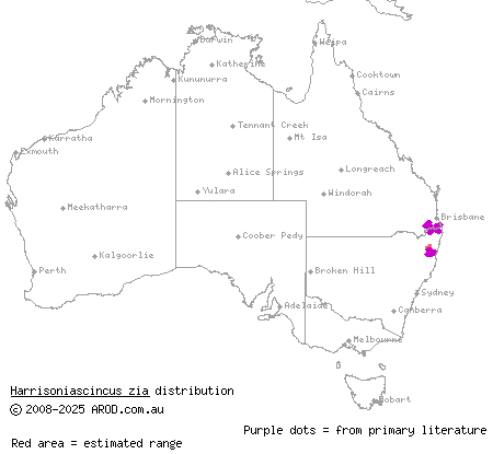 rainforest cool-skink (Harrisoniascincus zia) distribution range map