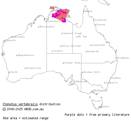 scant-striped ctenotus (Ctenotus vertebralis) distribution range map