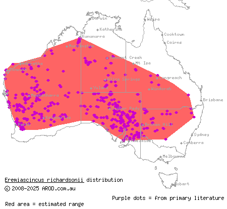 broad-banded sand-swimmer (Eremiascincus richardsonii) distribution range map