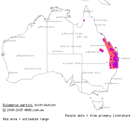 dark bar-sided skink (Eulamprus martini) distribution range map