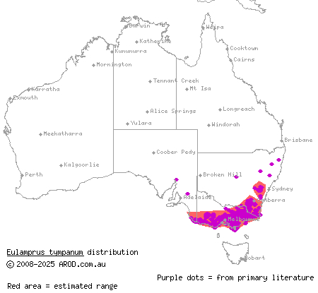 southern water-skink (Eulamprus tympanum) distribution range map