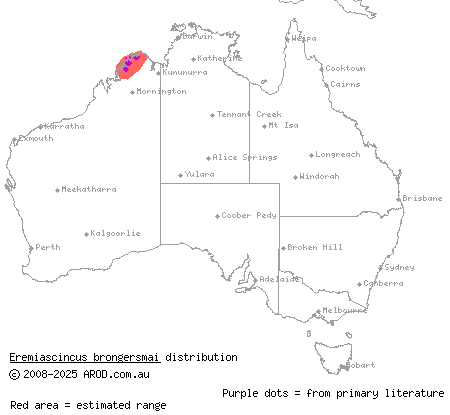 brown-sided bar-lipped skink (Eremiascincus brongersmai) distribution range map