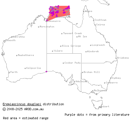 orange-sided bar-lipped skink (Eremiascincus douglasi) distribution range map