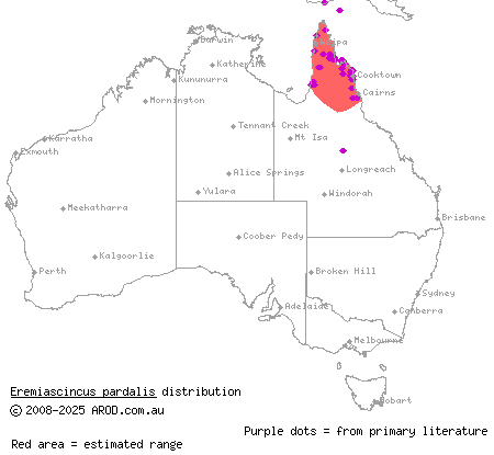 lowlands bar-lipped skink (Eremiascincus pardalis) distribution range map