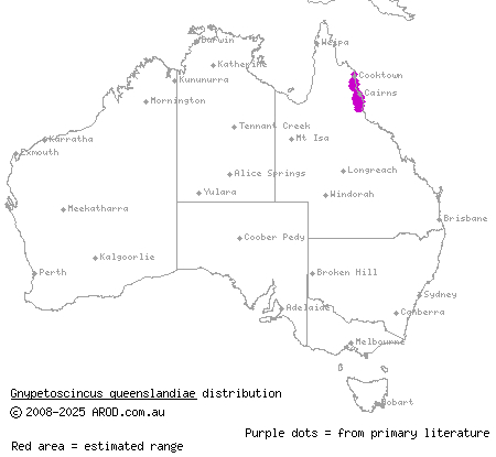 prickly forest skink (Gnypetoscincus queenslandiae) distribution range map