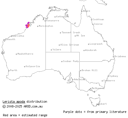 Dampierland limbless slider (Lerista apoda) distribution range map