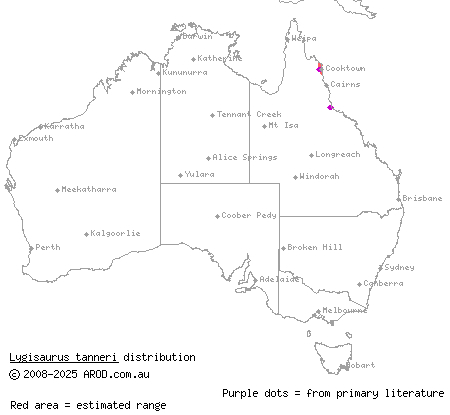 Endeavour River litter-skink (Lygisaurus tanneri) distribution range map