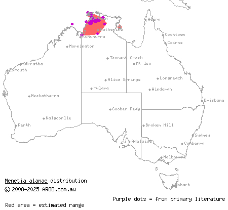 Top End dwarf skink (Menetia alanae) distribution range map