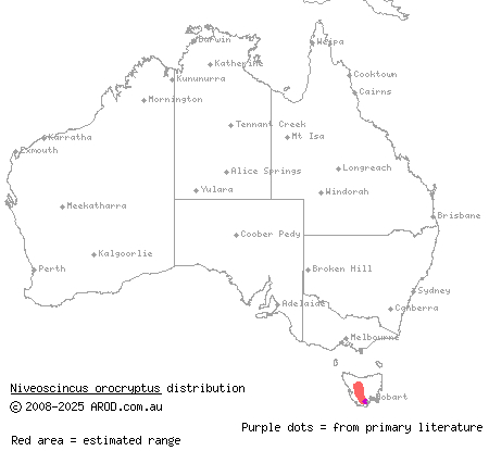 heath cool-skink (Niveoscincus orocryptus) distribution range map