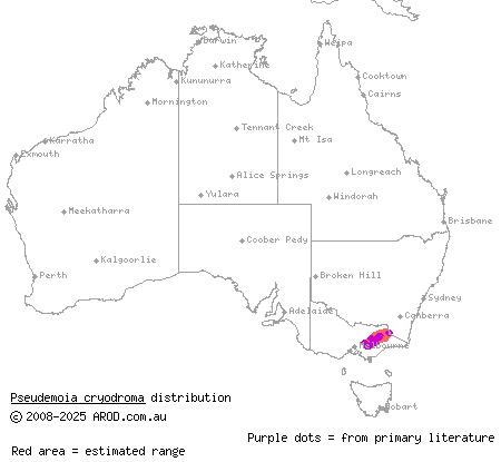 alpine bog-skink (Pseudemoia cryodroma) distribution range map