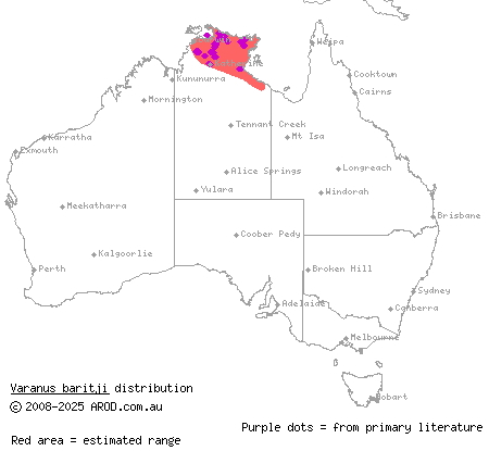 black-spotted spiny-tailed monitor (Varanus baritji) distribution range map