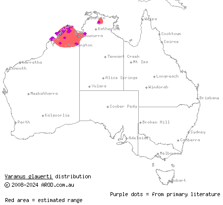 Kimberley rock monitor (Varanus glauerti) distribution range map