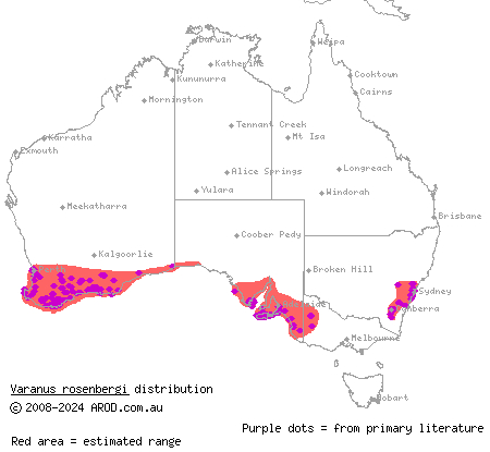 heath monitor (Varanus rosenbergi) distribution range map