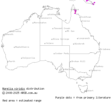 green python (Morelia viridis) distribution range map