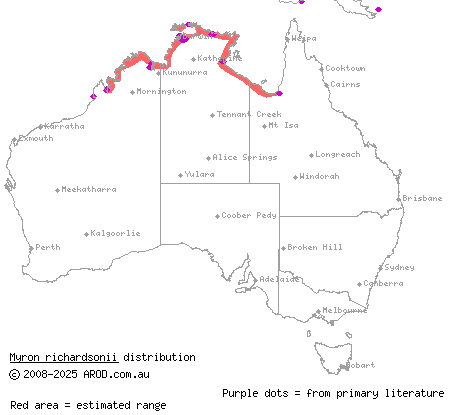 Richardson's mangrove snake (Myron richardsonii) distribution range map