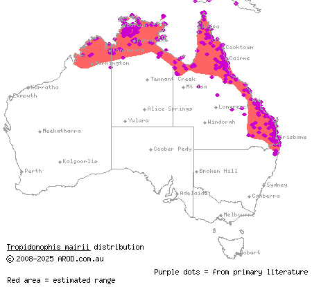 keelback (Tropidonophis mairii) distribution range map