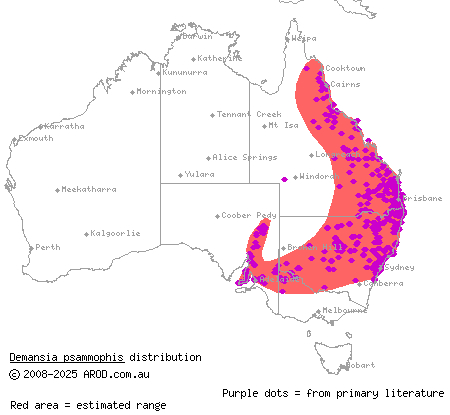 yellow-faced whipsnake (Demansia psammophis) distribution range map