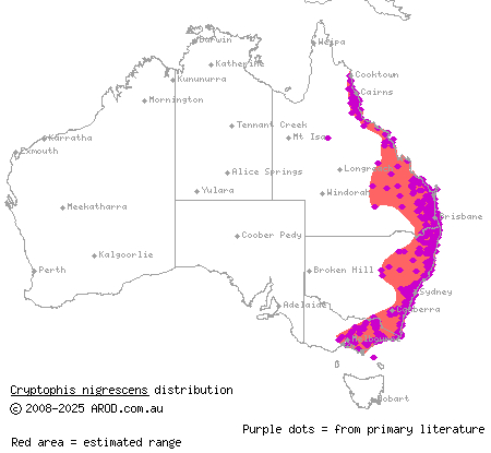 eastern small-eyed snake (Cryptophis nigrescens) distribution range map