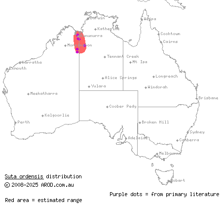 Ord curl snake (Suta ordensis) distribution range map