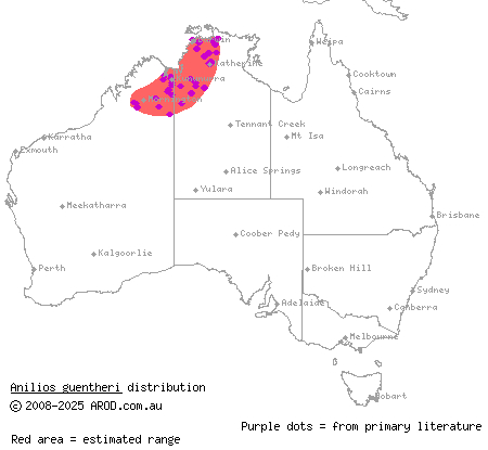 Top End blind snake (Anilios guentheri) distribution range map