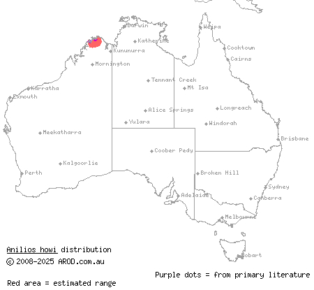 Kimberley deep-soil blind snake (Anilios howi) distribution range map