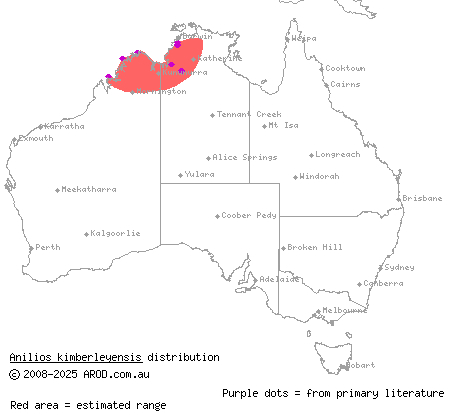 Kimberley shallow-soil blind snake (Anilios kimberleyensis) distribution range map