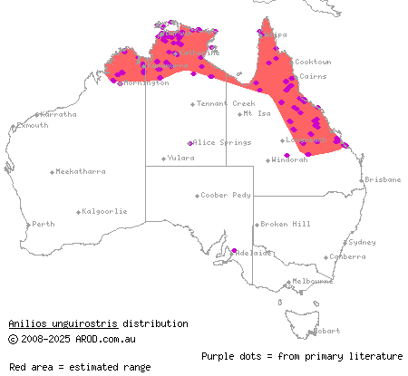 claw-snouted blind snake (Anilios unguirostris) distribution range map