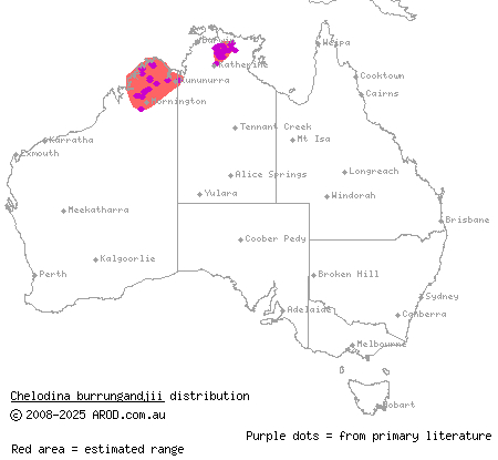 sandstone long-necked turtle (Chelodina burrungandjii) distribution range map