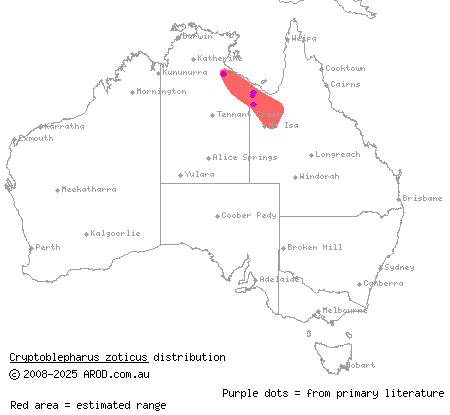 agile snake-eyed skink (Cryptoblepharus zoticus) distribution range map