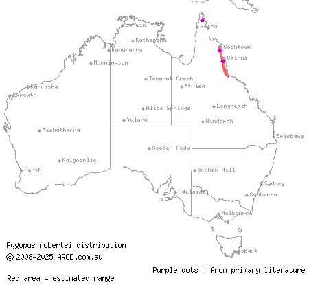 Roberts' scaly-foot (Pygopus robertsi) distribution range map