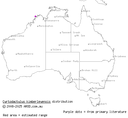 Kimberley bent-toed gecko (Cyrtodactylus kimberleyensis) distribution range map